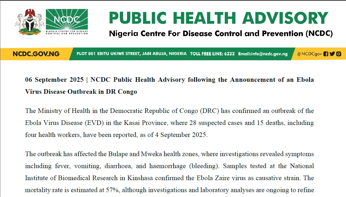 06 September 2025 | NCDC Public Health Advisory following the Announcement of an Ebola Virus Disease Outbreak in DR Congo